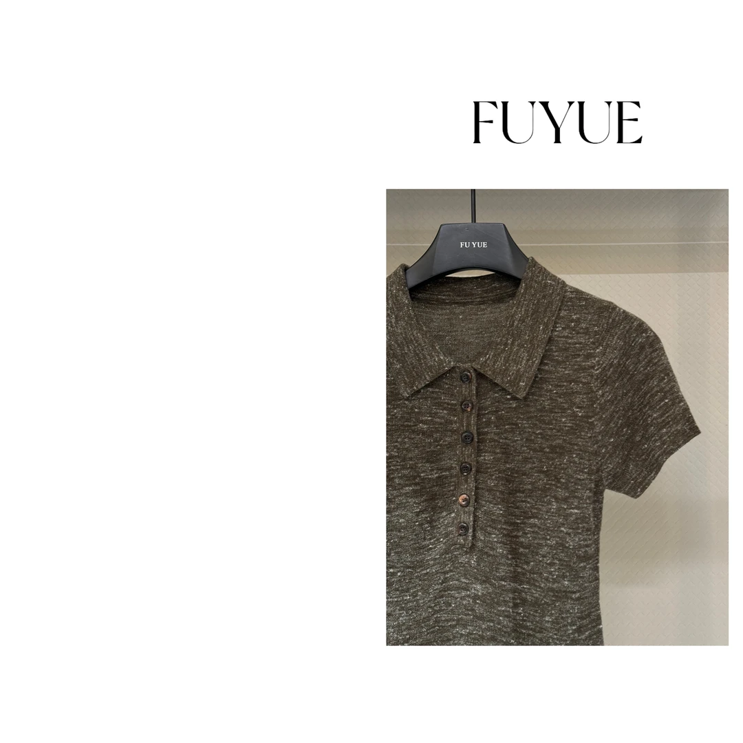 FUYUE赴约 品质绿色亚麻翻领半袖气质时尚休闲夏季设计师百搭运动