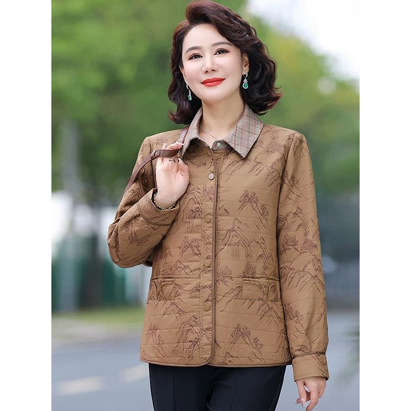 妈妈装外套新款春秋时尚百搭中老年女装洋气大码休闲夹克翻领上衣