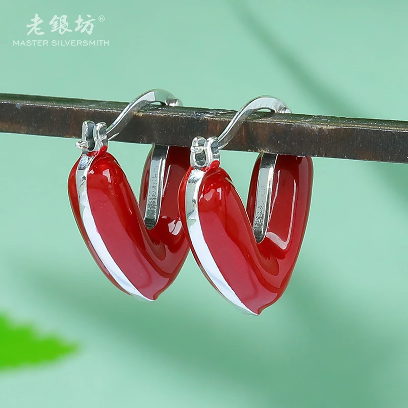 老银坊 925银耳饰 红色心形耳扣 0015360