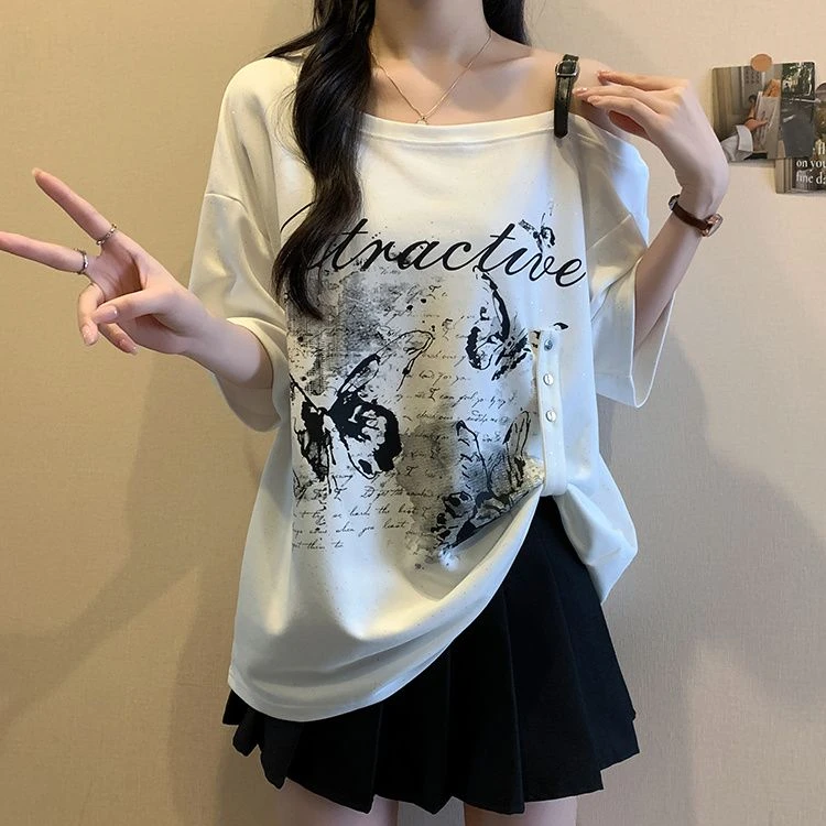 20252025胖MM蝴蝶字母印花短袖T恤女夏季2025新款宽松显瘦设2025