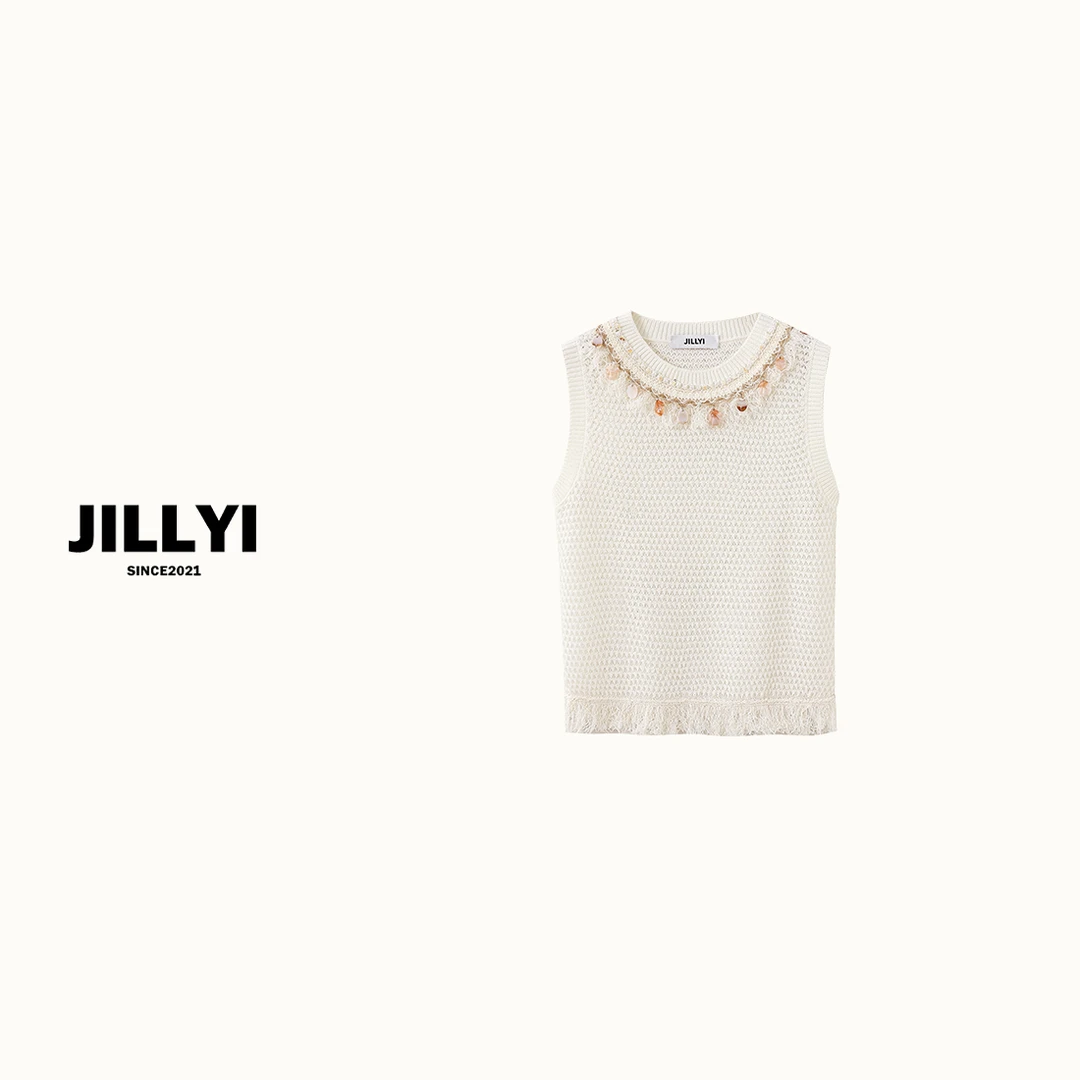 JILLYI【科切拉晚风】奶白色圆领领口吊坠时尚轻奢针织背心