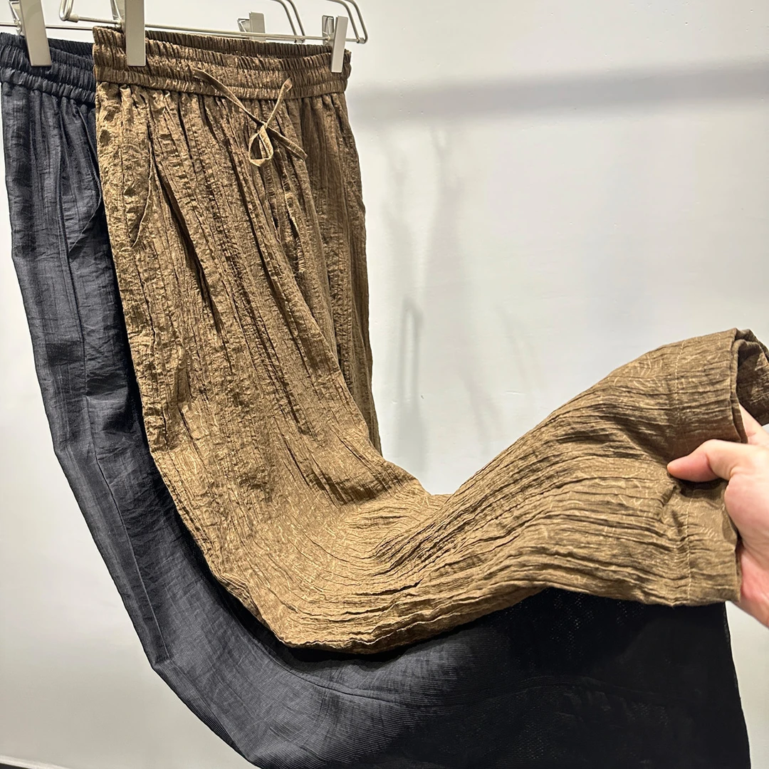 潮流夏季时尚褶皱肌理感透气松紧腰休闲裤男士百搭宽松阔腿长裤