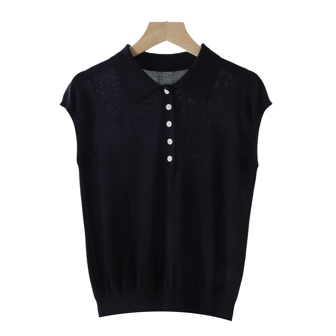 【絮薇】2025夏季新款法式天丝醋酸POLO领显瘦短袖针织衫-810166