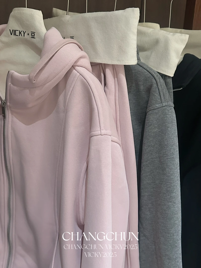 新款连帽加绒加厚卫衣套装 粉色灰色黑色