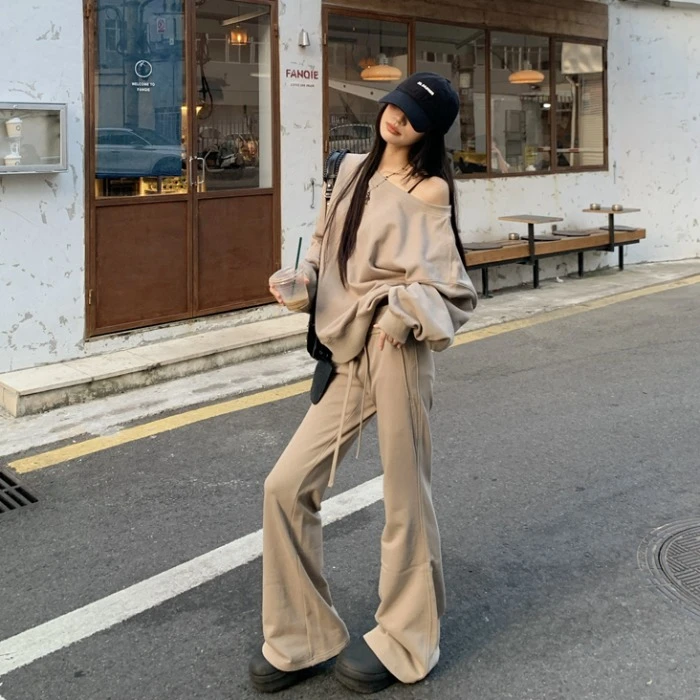 休闲套装慵懒辣妹斜肩长袖套头卫衣女秋季微喇叭裤高腰长裤两件套