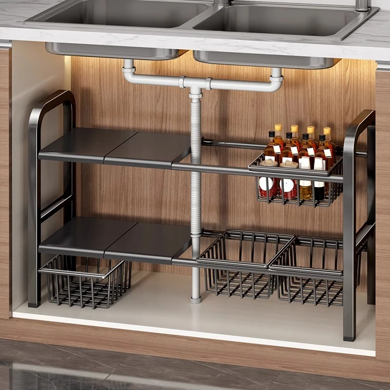 厨房下水槽落地置物架橱柜柜内可伸缩分层架子多功能多层锅具收纳