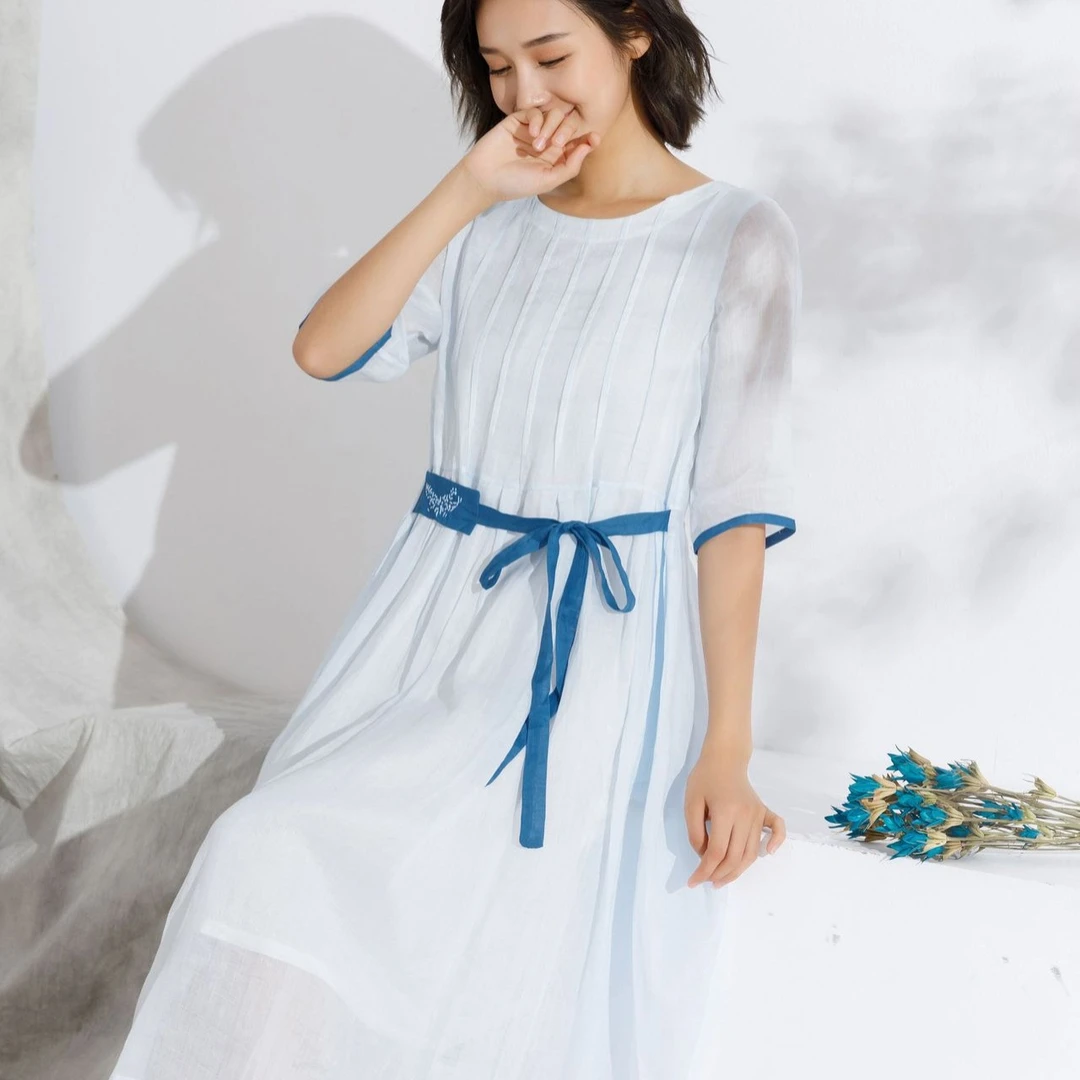 2025新款100高支苎麻手工刺绣双层有内衬仙女连衣裙女夏中长裙