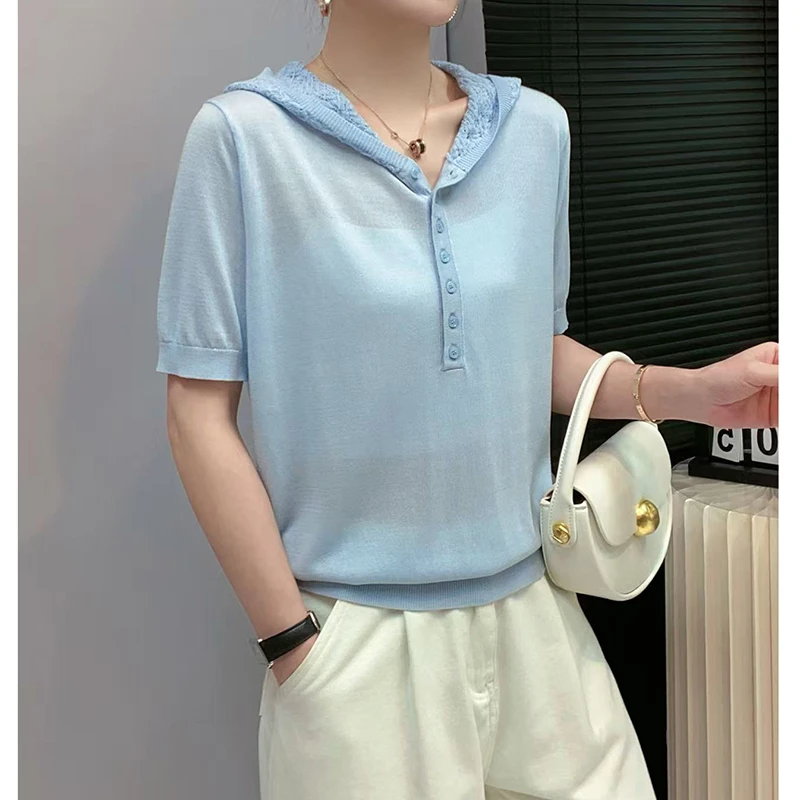 68008针织衫女透气镂空连帽夏季宽松显瘦纯色t血上衣新款薄款