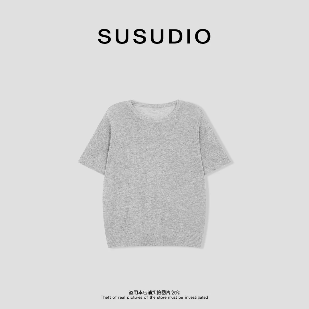 SUSUDIO 亚麻莱赛尔春夏休闲圆领短袖透气灰色针织衫50084