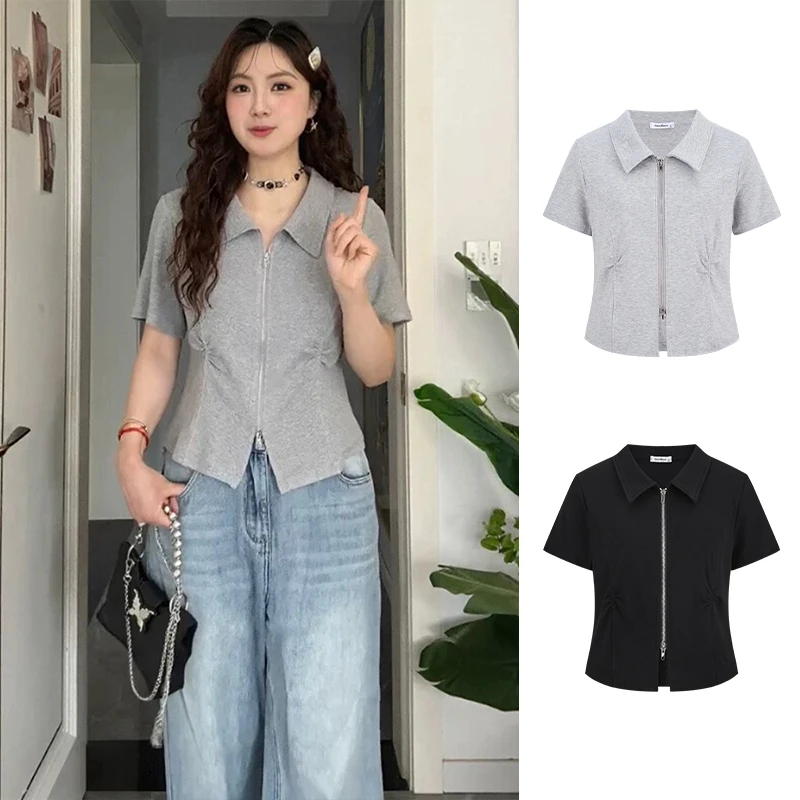 Moses Queen/魔西女王大码女装翻领正肩拉链短袖T恤显瘦休闲上衣