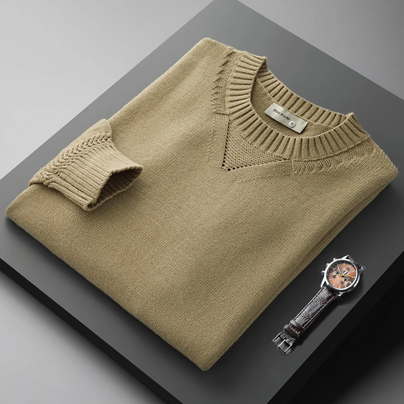 洛尼提日亚春秋薄款毛衣男圆领套头镂空提花长袖修身针织衫男简约