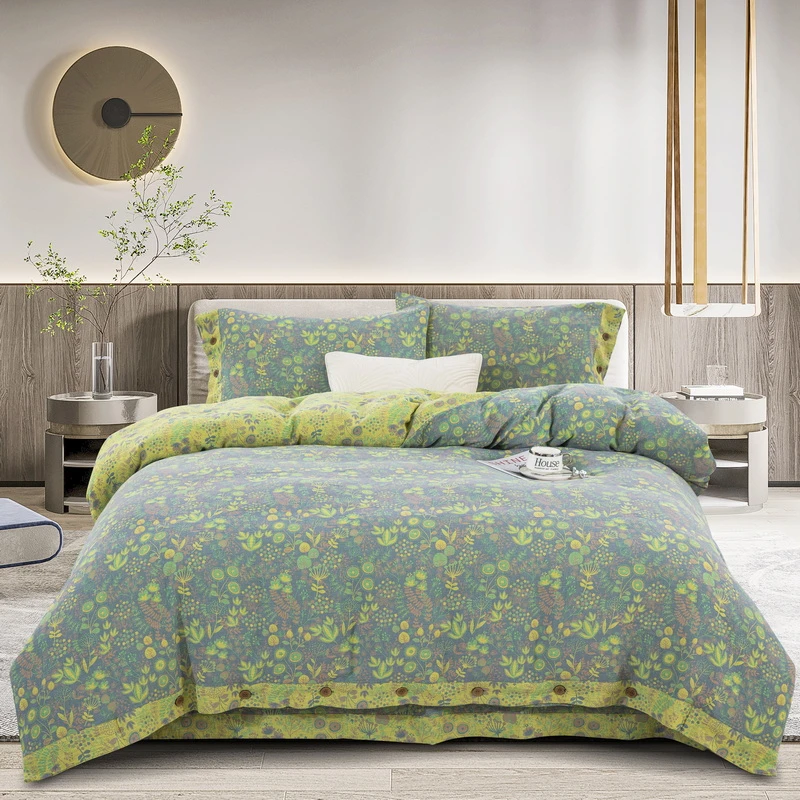 100%全棉A类色织提花双层纱双面纽扣款四件套—普罗旺斯-灰黄