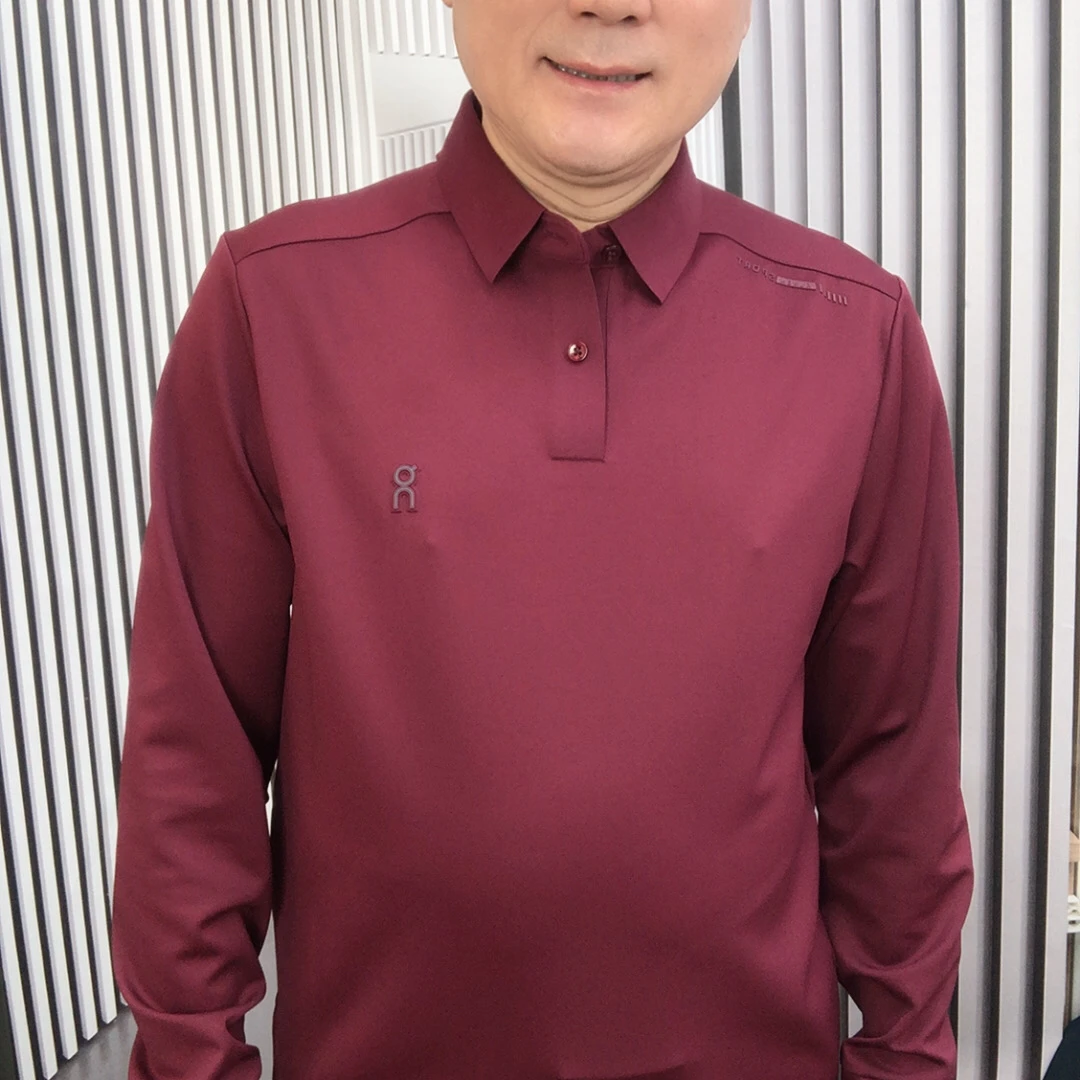 免烫长袖常规款Polo衫红色秋季运动春秋商务t恤衬衫中老年（806花）