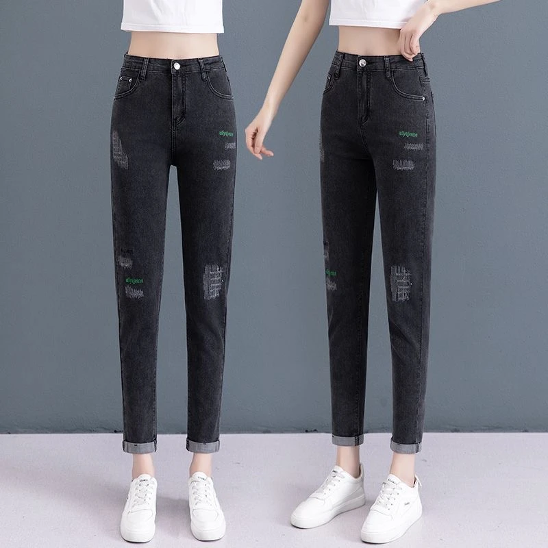 高腰时尚牛仔裤夏季新款刺绣显瘦女小脚裤九分牛仔裤女哈伦裤999