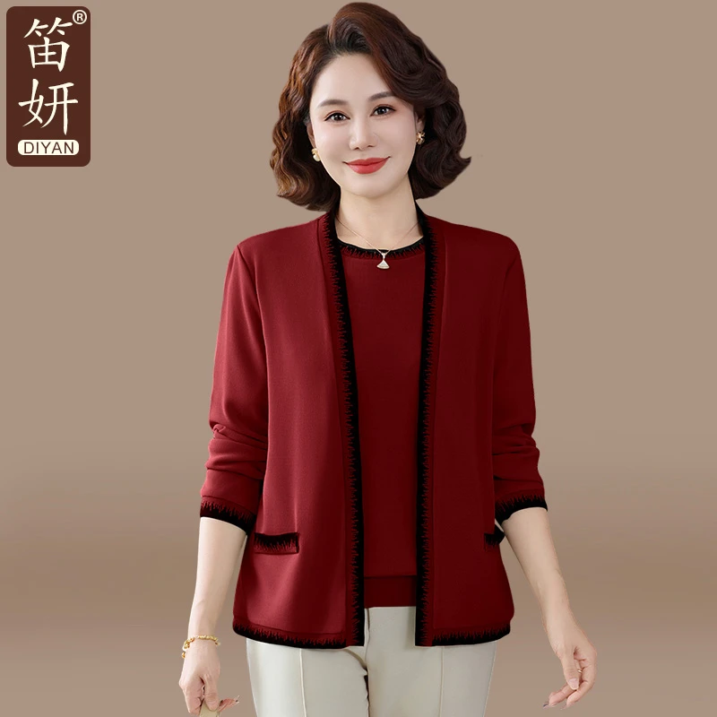 妈妈秋装喜婆婆婚宴装2025新款洋气中老年春秋针织小衫上衣套装女