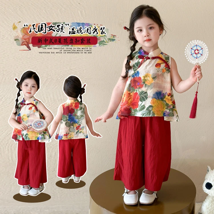 2025新款夏季复古花盘扣女童时尚百搭民族风童装红色洋气两件套