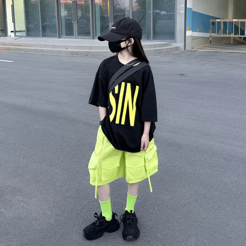女童工装裤套装2025夏季新款洋气时尚日常休闲运动炸街短袖两件套