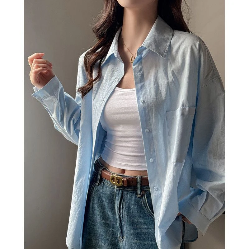 高级感纯色长袖衬衫女春夏宽松慵懒风时尚百搭大码蓝色基础款开