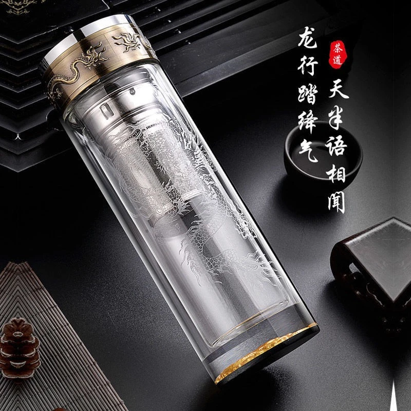 鼎弘车载大容量双层金龙耐热防烫茶水分离高硼硅手工水晶玻璃杯