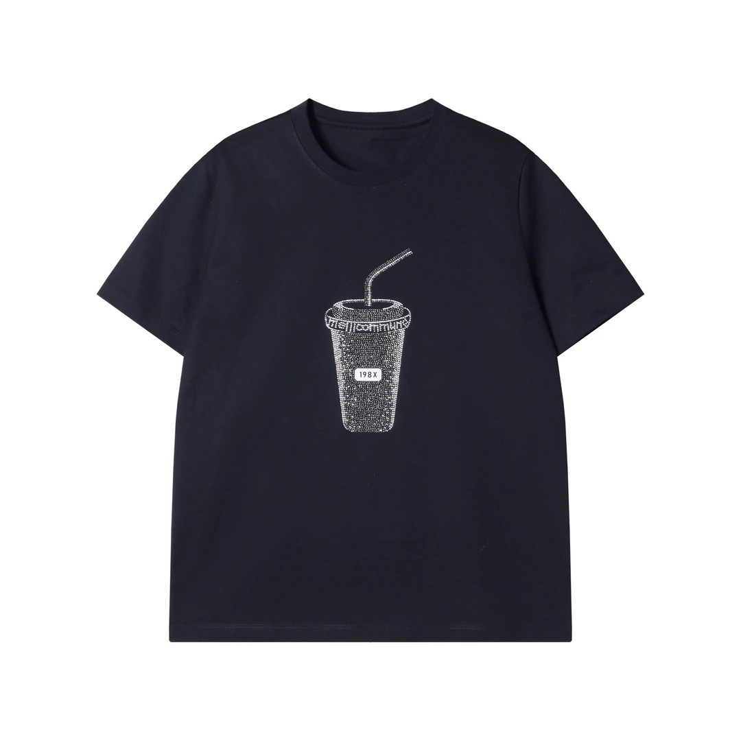 夏季新款时尚个性美式纯色重工烫钻水杯圆领短袖T恤百搭潮流上衣