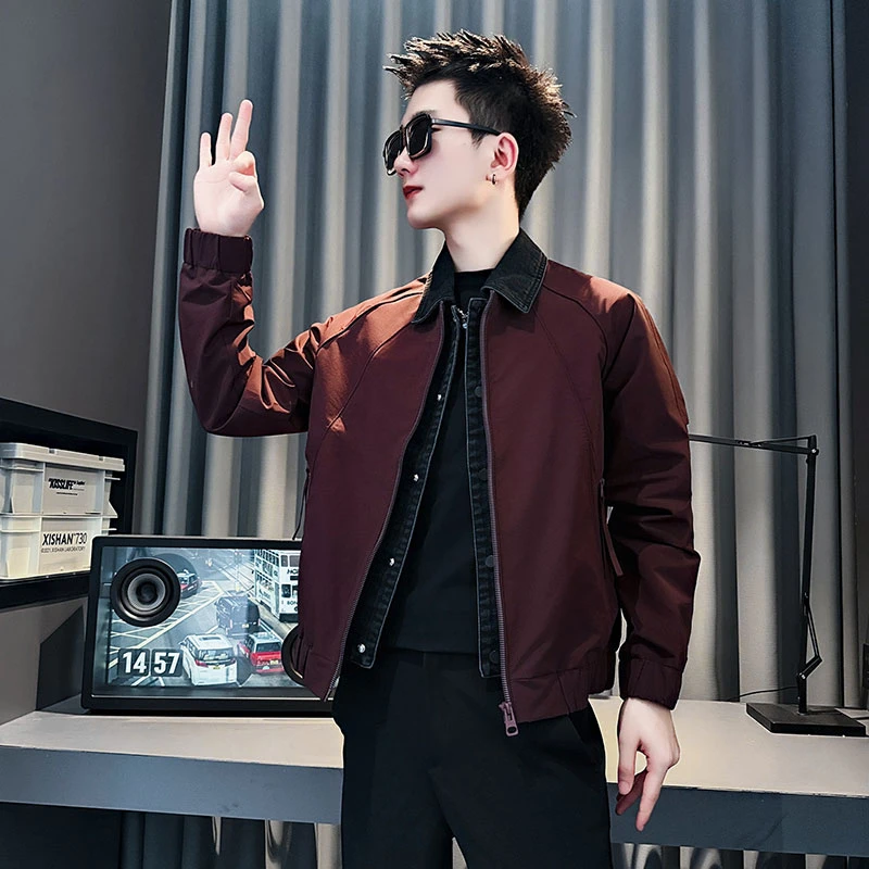 男翻领流光风假两件男士夹克商务修身拼接春秋季男士时尚休闲百搭