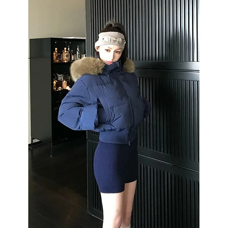 【现货】复古大毛领短棉服女冬季新款收腰加厚连帽保暖棉衣棉袄外套