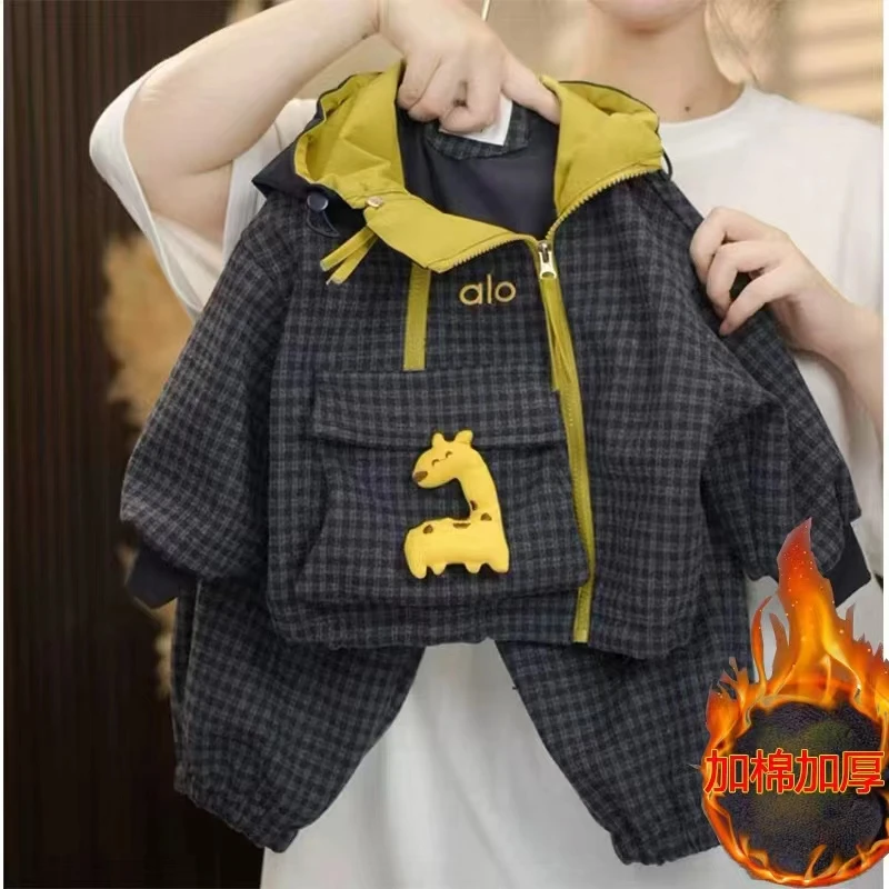 儿童2025冬季新款套装洋气时尚时髦加绒加厚休闲连帽格子两件套潮