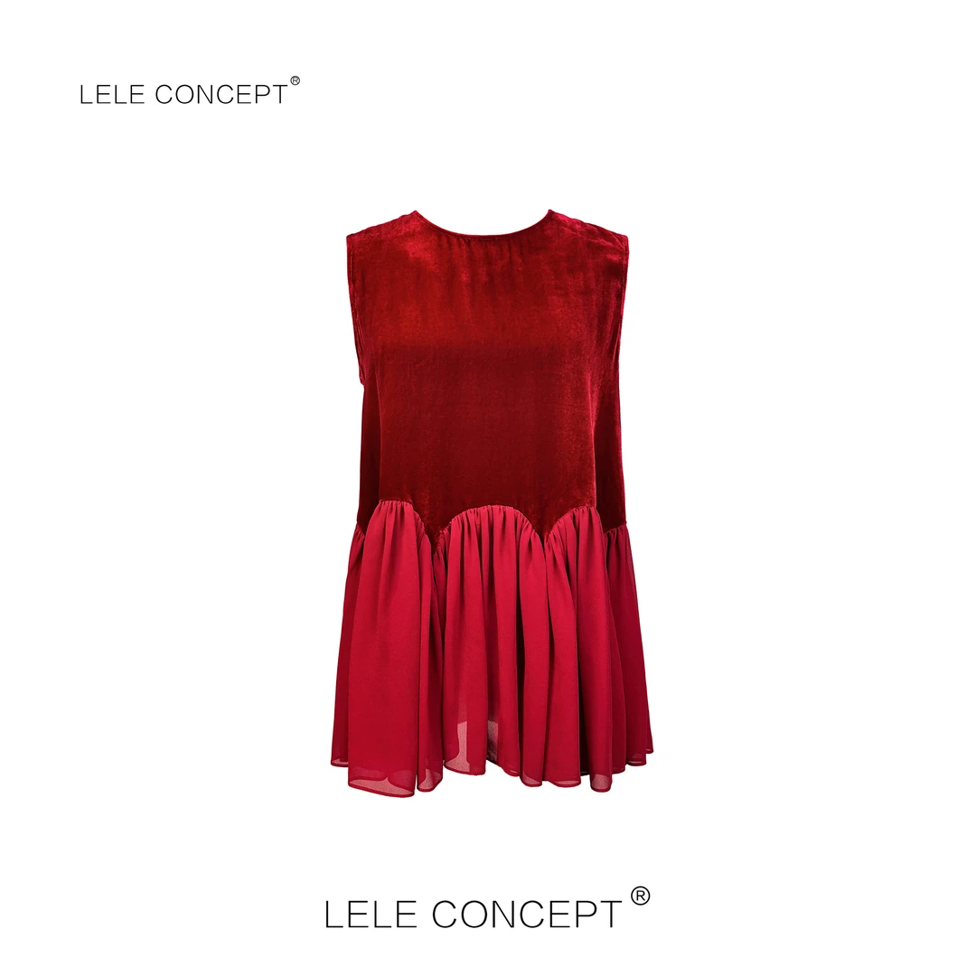 LELE CONCEPT｜都市气质设计款丝绒无袖菲边上衣S1065