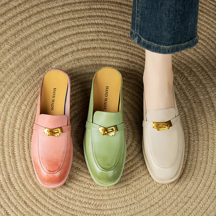 爆款粗跟百搭水洗牛皮包头夏季网红休闲女式拖鞋ins半拖平底凉拖