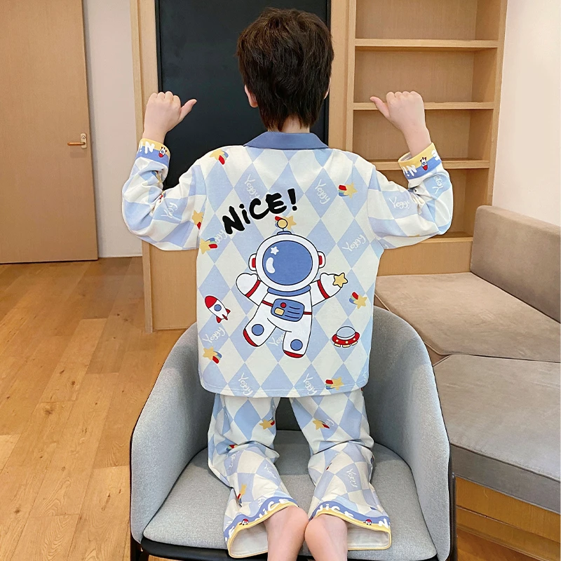 2025纯棉男童卡通家居服套装春秋新款卡通家居服外穿开衫翻领睡衣