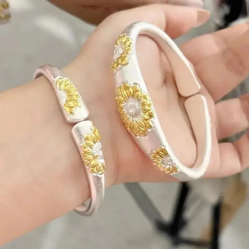 足银手镯 2025新款足银9999纯银手镯开口纯手工太阳花新中式礼物