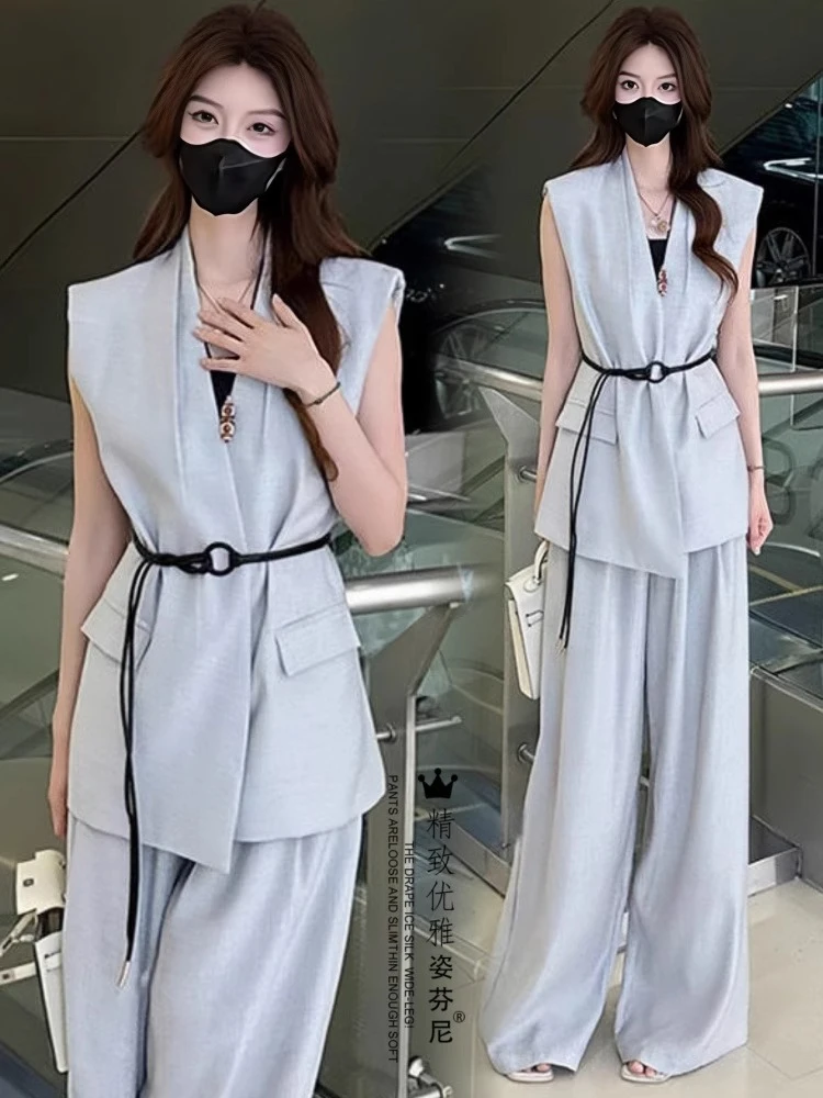 高级感时尚西装套装女夏季新款收腰无袖上衣马甲外套阔腿裤两件套