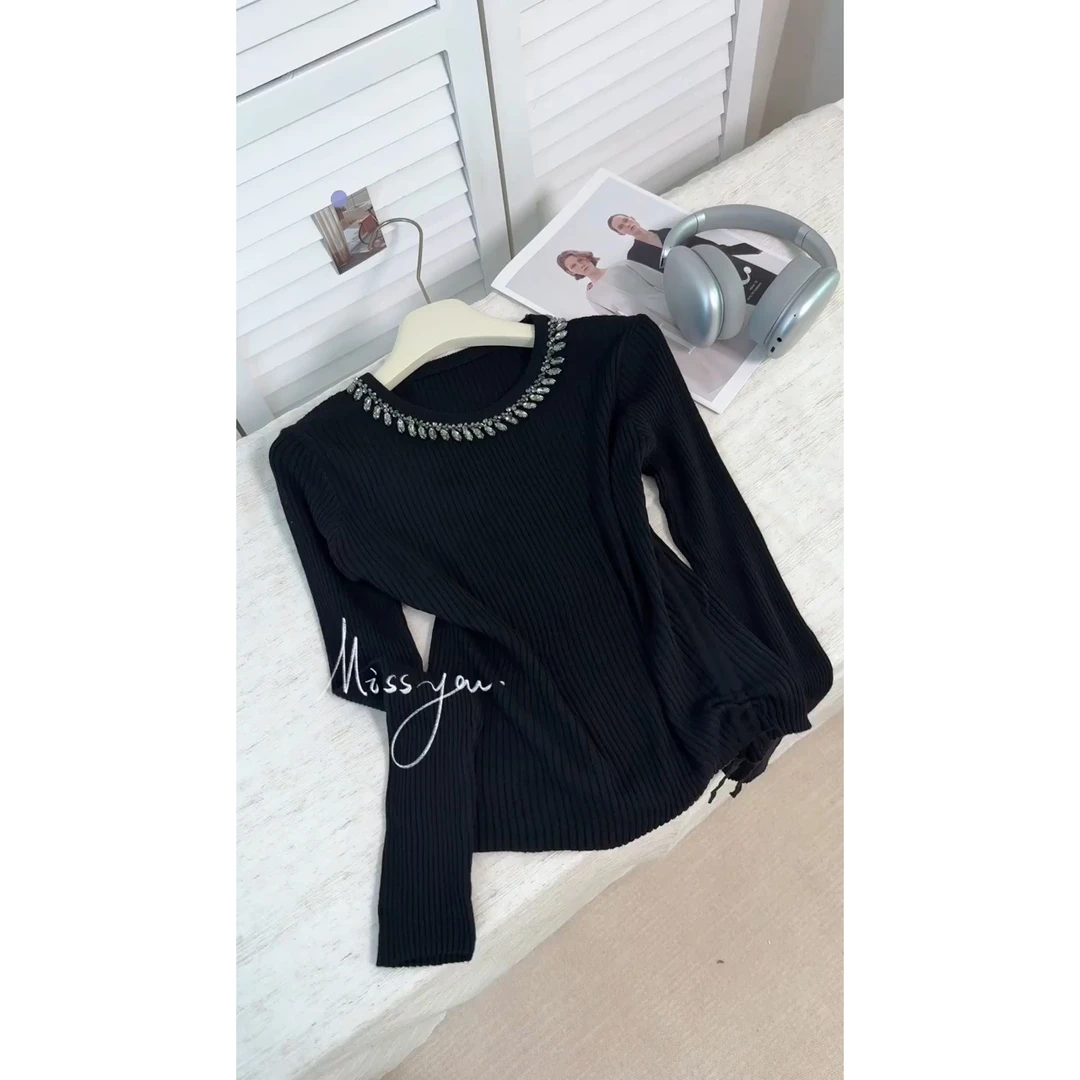 法式圆领小香风黑色亮片毛衣女2025秋季新款设计感抽绳针织衫上衣