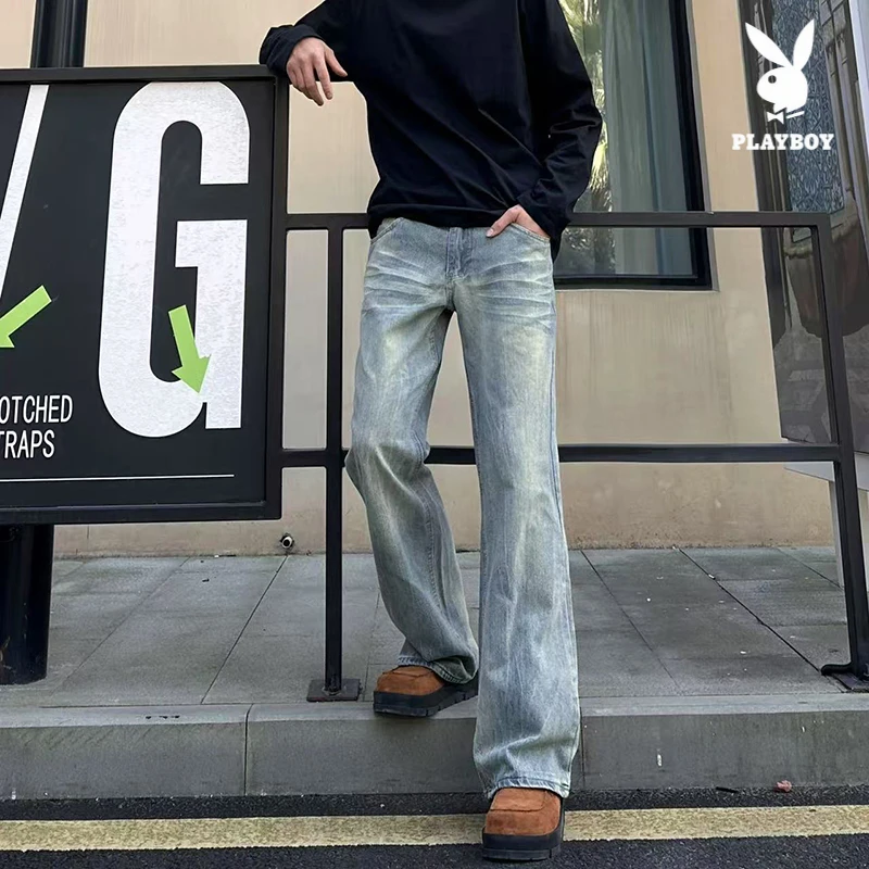 花花公子美式高街竹节纹微喇直筒牛仔裤男春夏cleanfit百搭拖地裤
