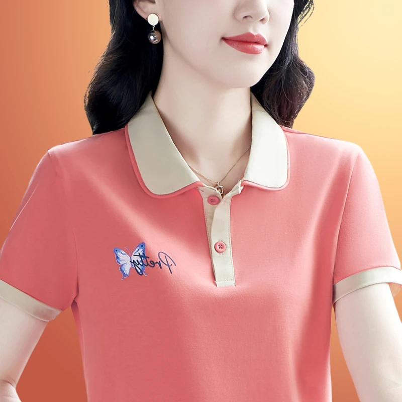 粉色爆款洋气妈妈短袖t恤女夏季设计感上衣减龄休闲polo衫百搭OL