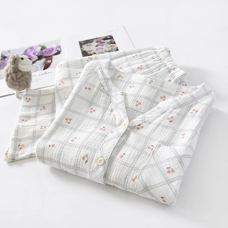 100%全棉睡衣女春秋纯棉纱布樱桃格子长袖套装v领开衫家居服套装