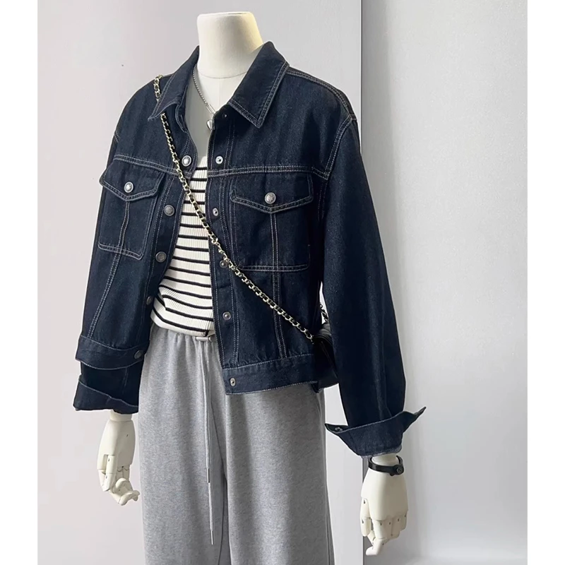 小个子短款百搭显瘦减龄正肩上衣女2025早春新款深蓝色牛仔外套潮