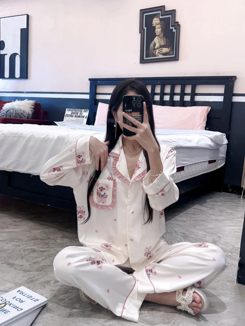 冰雪丝春秋夏季优雅丝滑女士睡衣