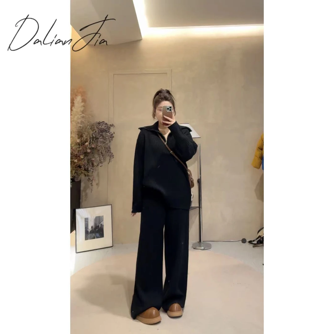 晶咕【不费力穿搭】针织纯色宽松拉链毛衣+全松紧腰裤子套装