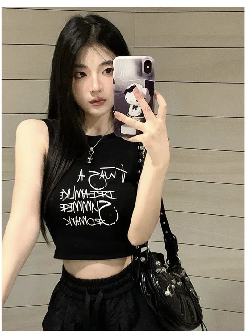 美式甜辣纯棉无袖背心女夏季多巴胺吊带短款修身小个子t恤上衣潮