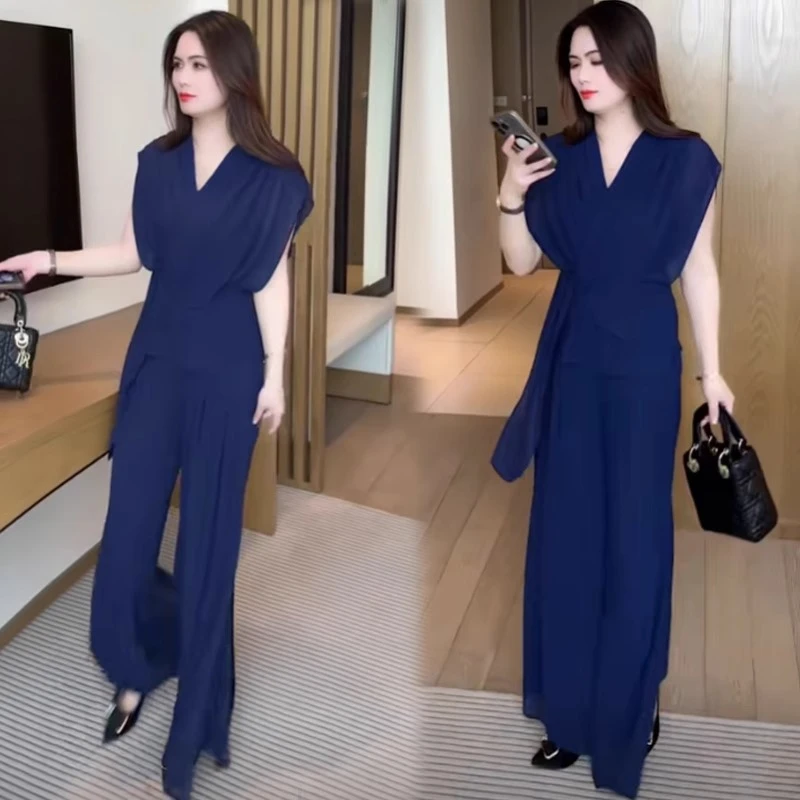 2025夏季新款时尚V领短袖阔腿裤两件套雪纺套装女时髦洋气设计感