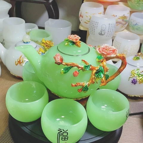 羊脂玉瓷琉璃中式珐琅彩牡丹花一壶六杯礼盒套装