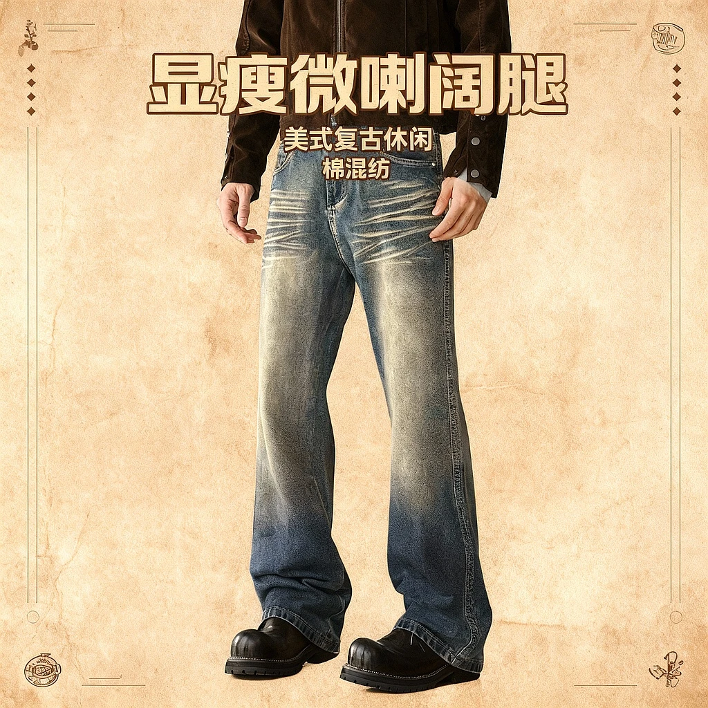 SANYUEBAN美式弹力复古水洗猫须微喇牛仔裤男显瘦cityboy阔腿裤