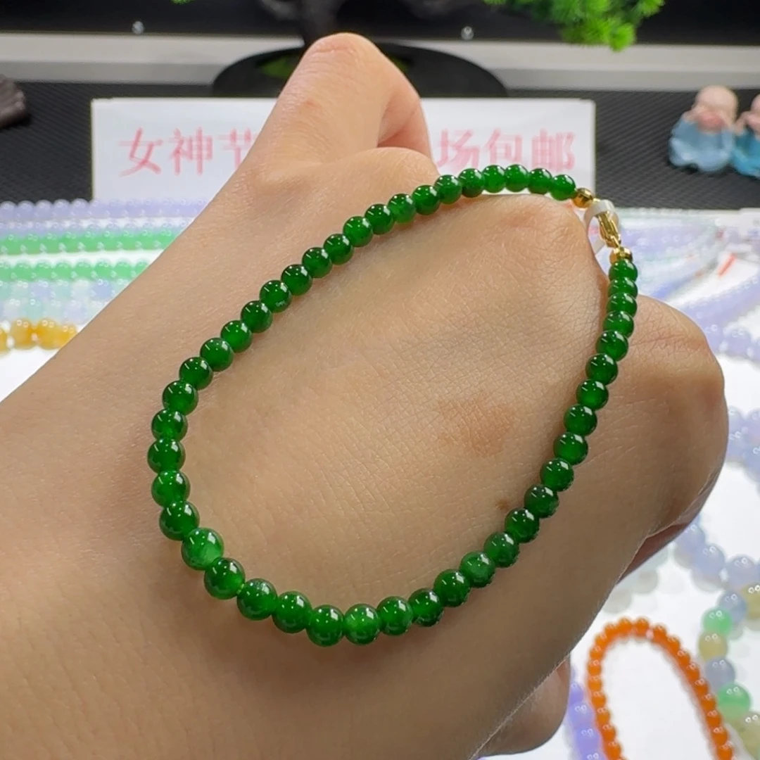 翡翠手链未镶嵌高冰满辣绿手串卡3.7 强推！