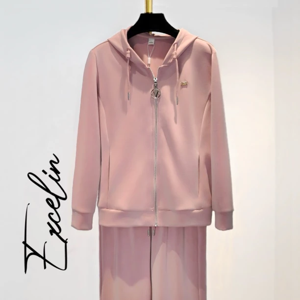 直播专享【浅粉CHA连帽套装】秋季新款休闲减龄外套长裤女士套装
