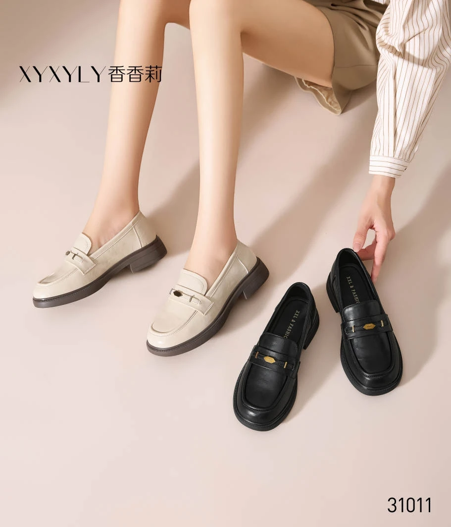 香香莉31011粗跟防水台软面一脚蹬乐福鞋纯色简约风皮鞋2025春秋