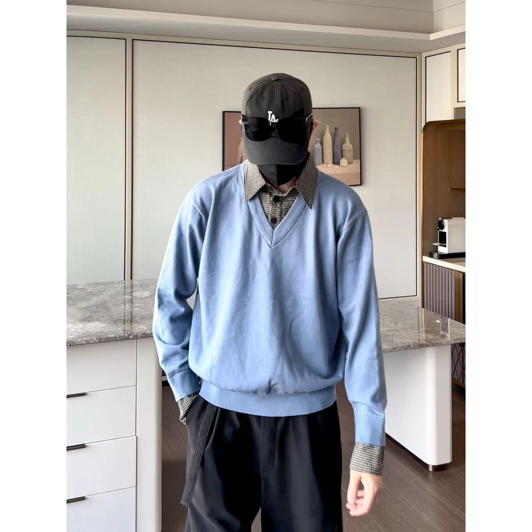 大圣圣 假两件设计格子衬衫领拼接针织 宽松百搭毛衣男TOB 51173