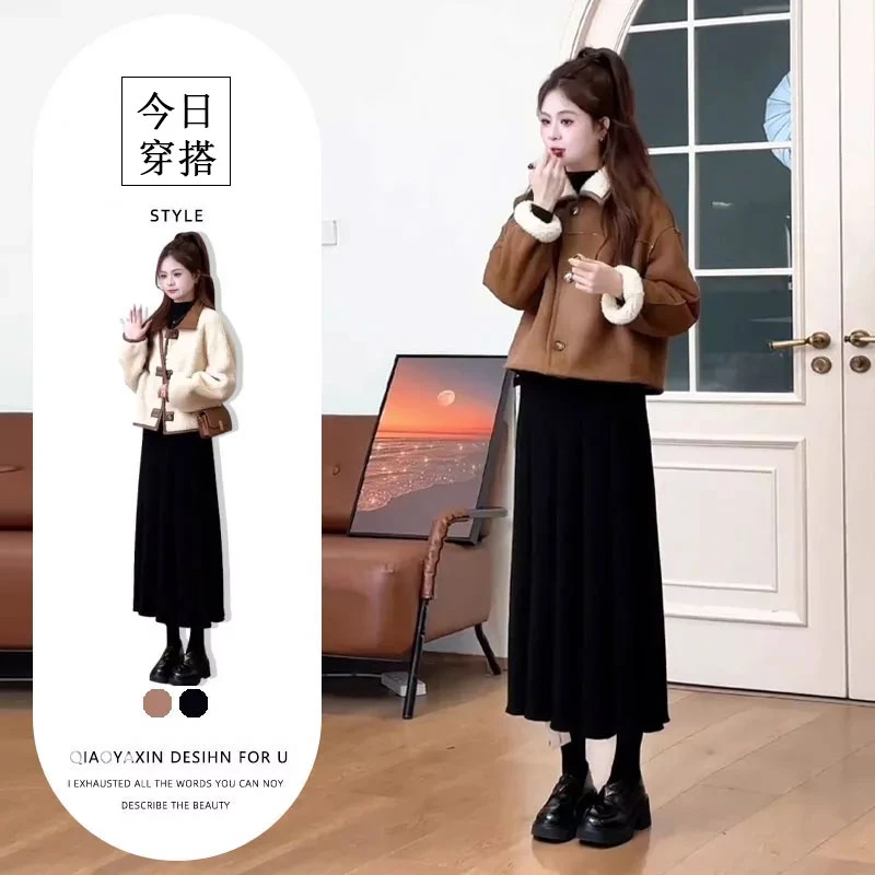 欧货穿搭套装女秋冬设计感别致双面穿气质保暖外套高腰显瘦半身裙