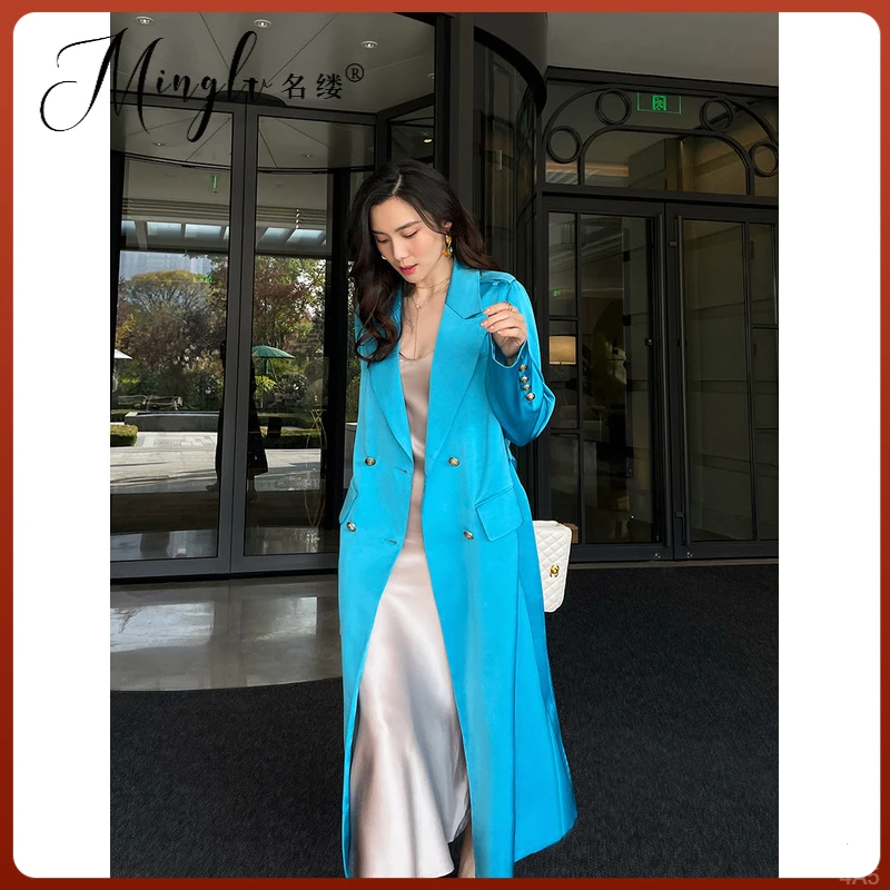 名缕女装轻奢高级芙尼蓝优雅女人长款外套系带双排扣西装领显瘦