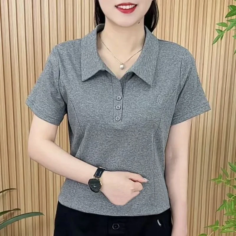 853灰色夏季T恤简约时尚POLO短袖洋气纯色宽松显瘦翻领减龄上衣